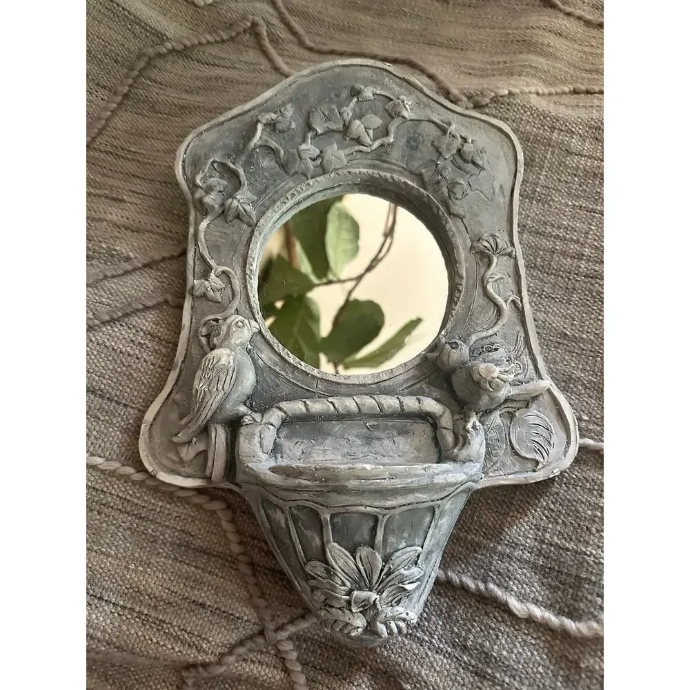 Vintage Pottery Mirror wall hanging hand made birds distressed heavy gray decor